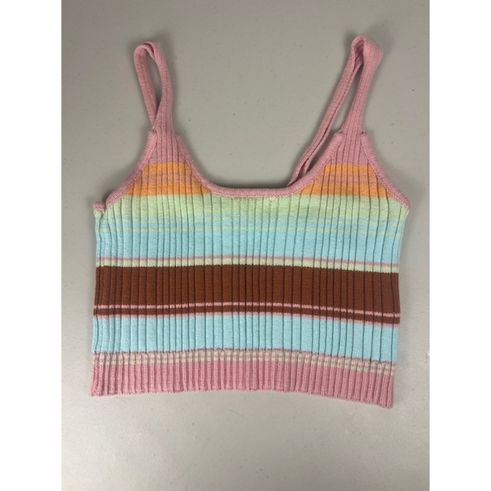 Freshman 1996 Womens‎ Pink Blue Striped Ribbed Knit Crop Cami Tank Top Small